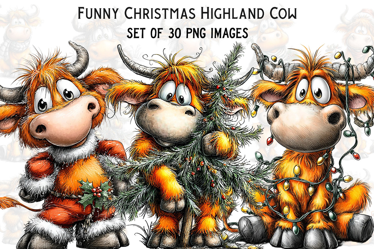 Funny Christmas Highland Cow Clipart, an Illustration by Craft Nest (Photo 1 of 8)