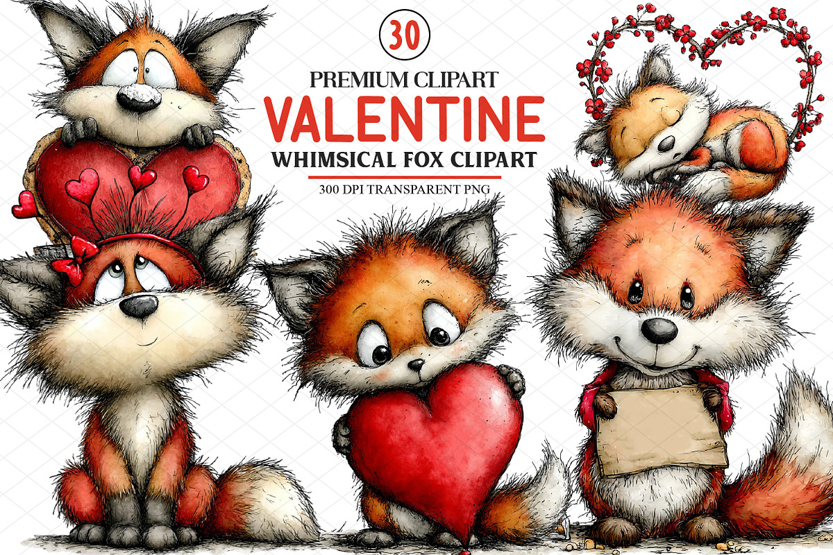 Whimsical Valentine Fox Clipart, an Illustration by cherrydesign (Photo 1 of 4)