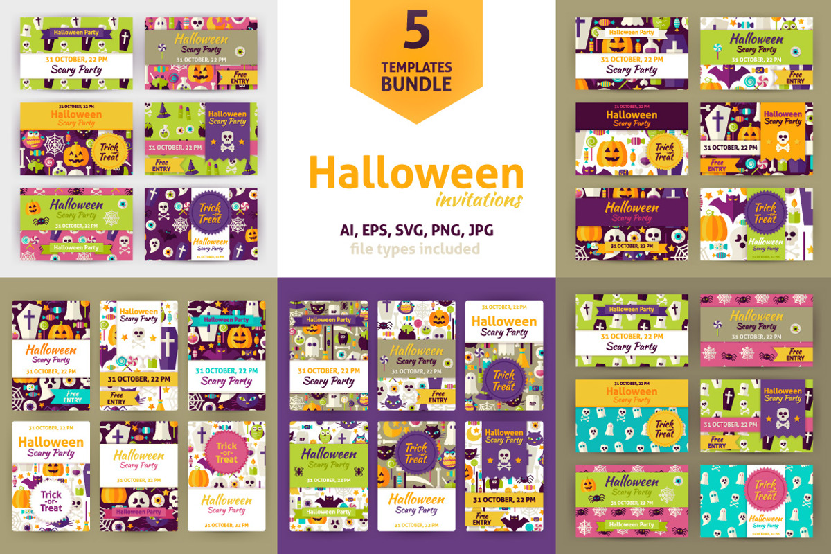 Halloween Flat Vector Invitations, a Card Template by Anna_leni (Photo 1 of 6)