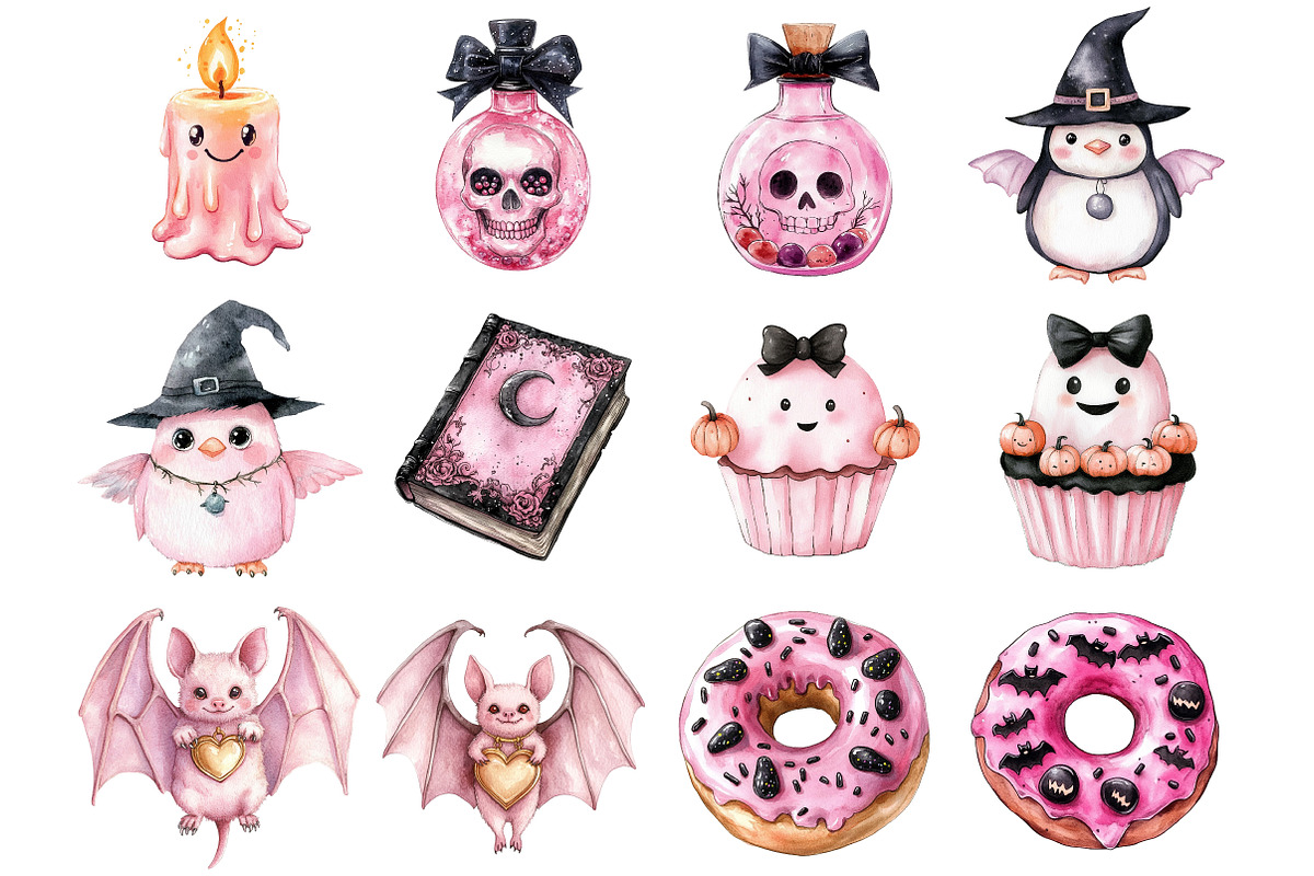 Watercolor Pink Halloween Clipart, a Seasonal Illustration by CitraGraphics (Photo 2 of 5)