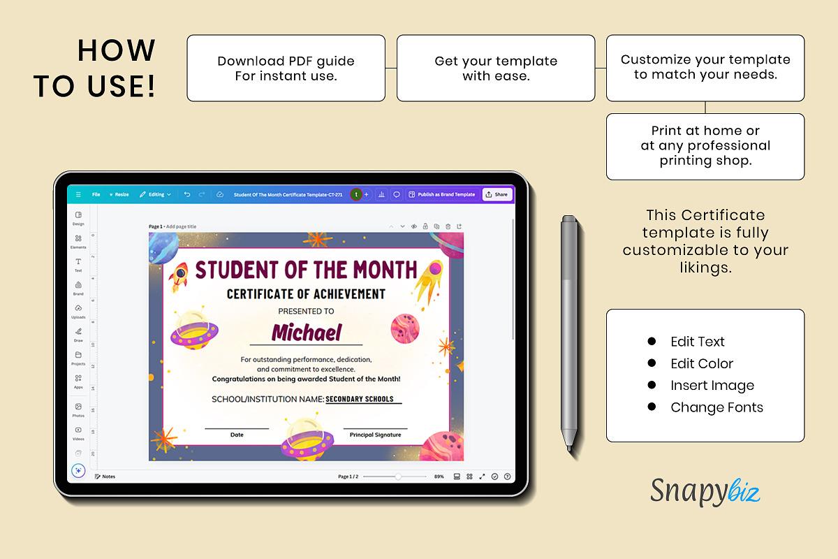 Student of Month Certificate Canva Editable Template