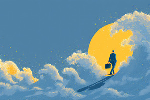 Businessman walking on ocean waves toward bright yellow sun symb, an Abstract Photo by José Manuel Gelpi