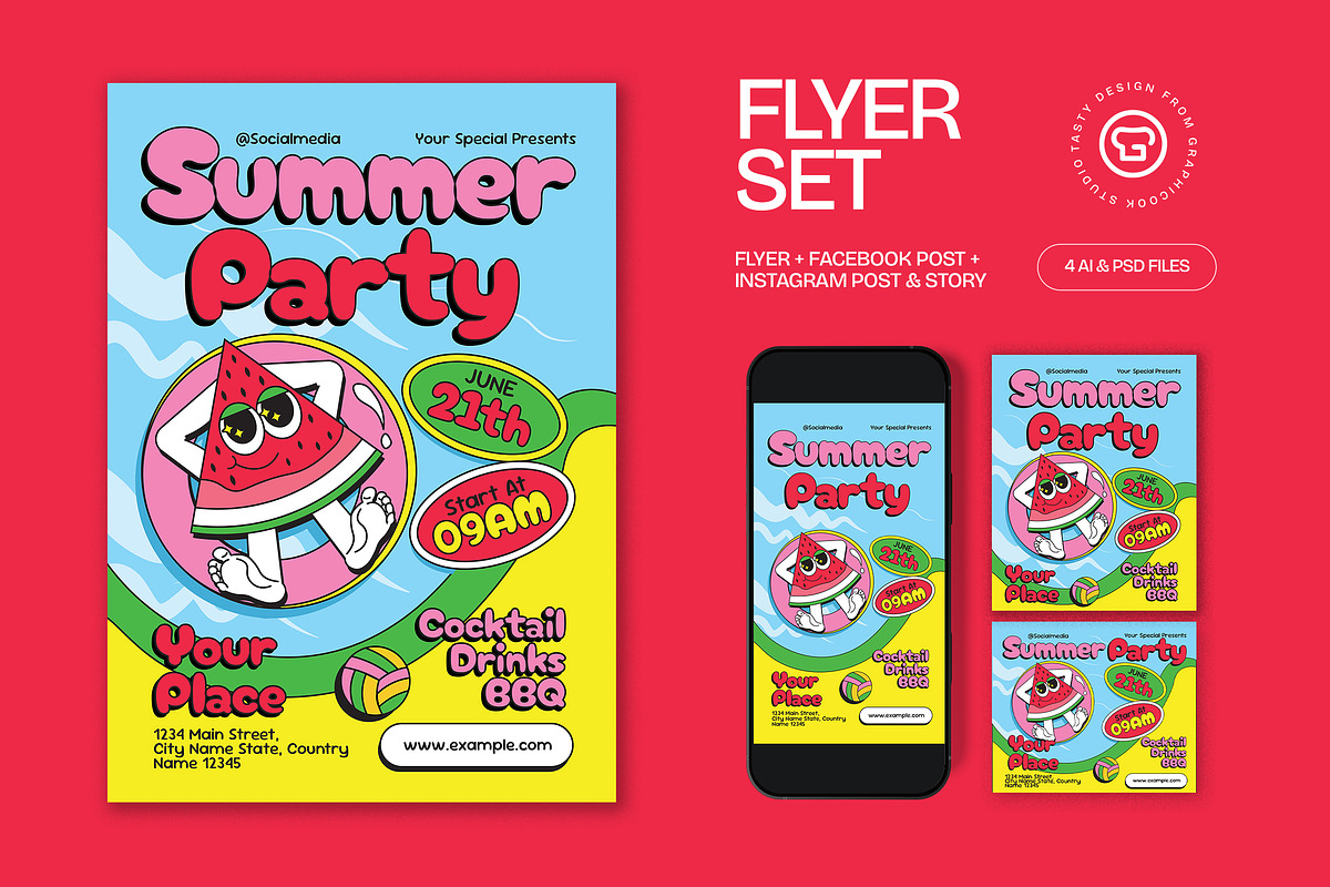 Blue Yellow Summer Party Flyer Set, a Flyer Template by graphicook (Photo 1 of 3)