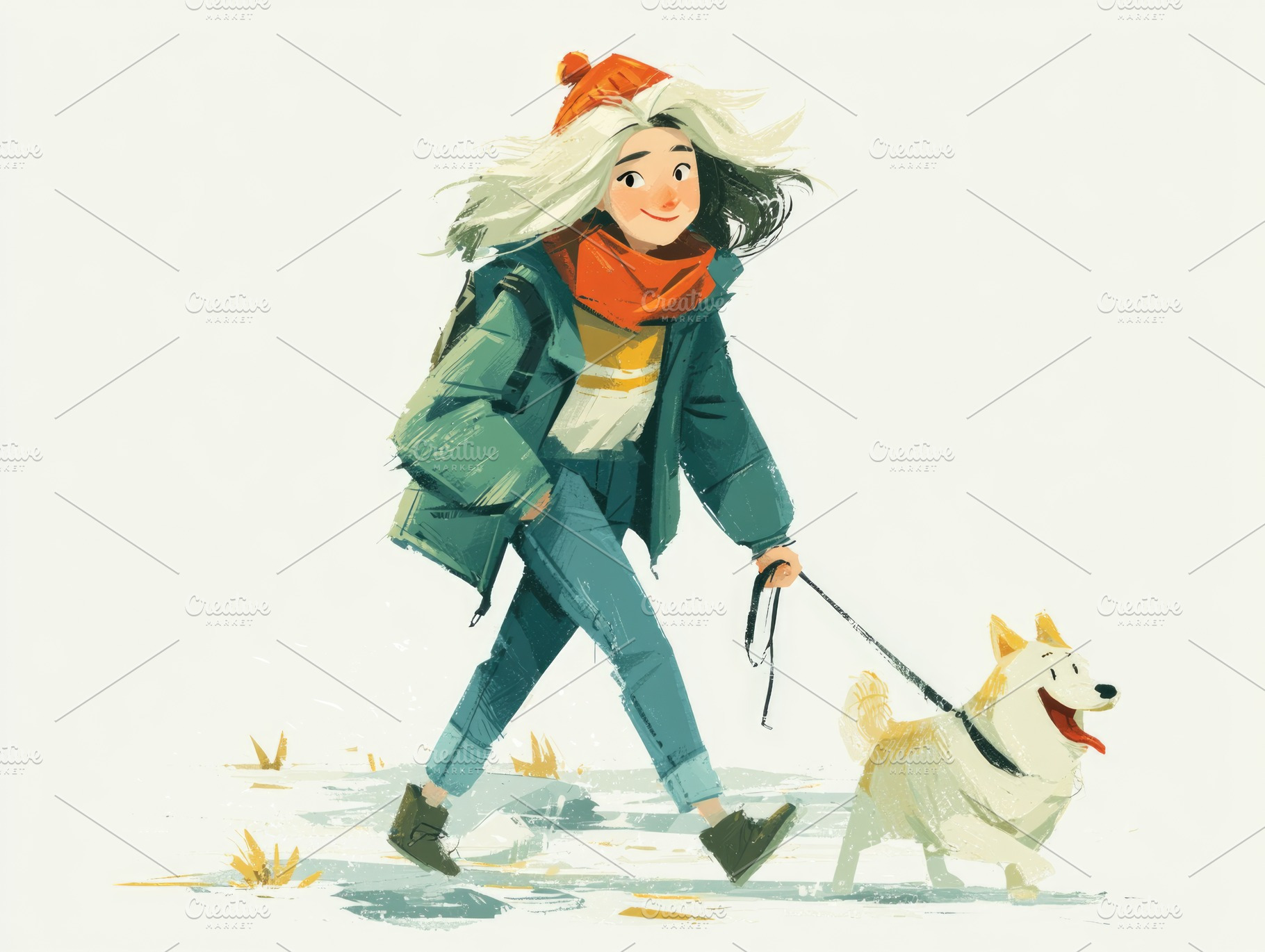Woman walking dog in winter outdoor lifestyle illustration, a Person Photo by José Manuel Gelpi