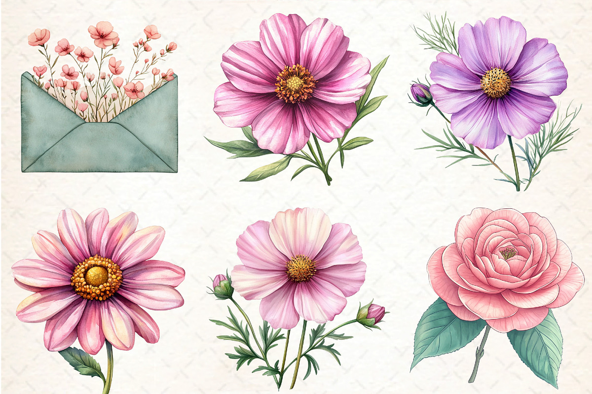 Sage Green Pink Flowers Clipart, an Illustration by DreamCafeArt (Photo 3 of 7)