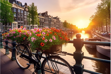 Bicycle amsterdam bridge evening, an Architecture Photo by Ylivdesign