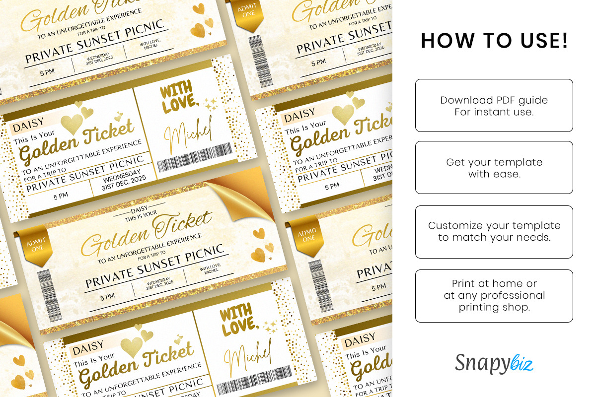 Editable Golden Ticket Canva Design, an Invitation Template by Snapybiz (Photo 10 of 10)