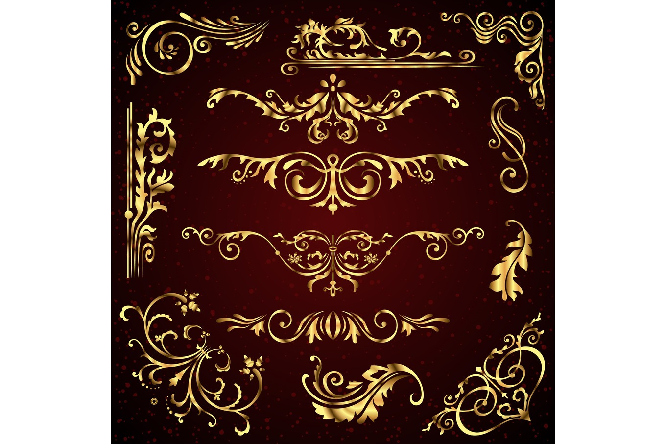 Floral vector set of golden ornate page decor elements like banners ...