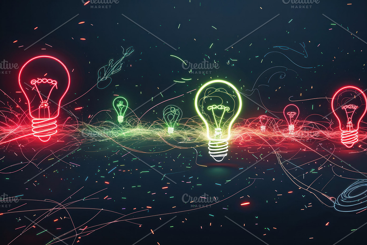 Floating glowing neon light bulb, an Illustration by wavebreak