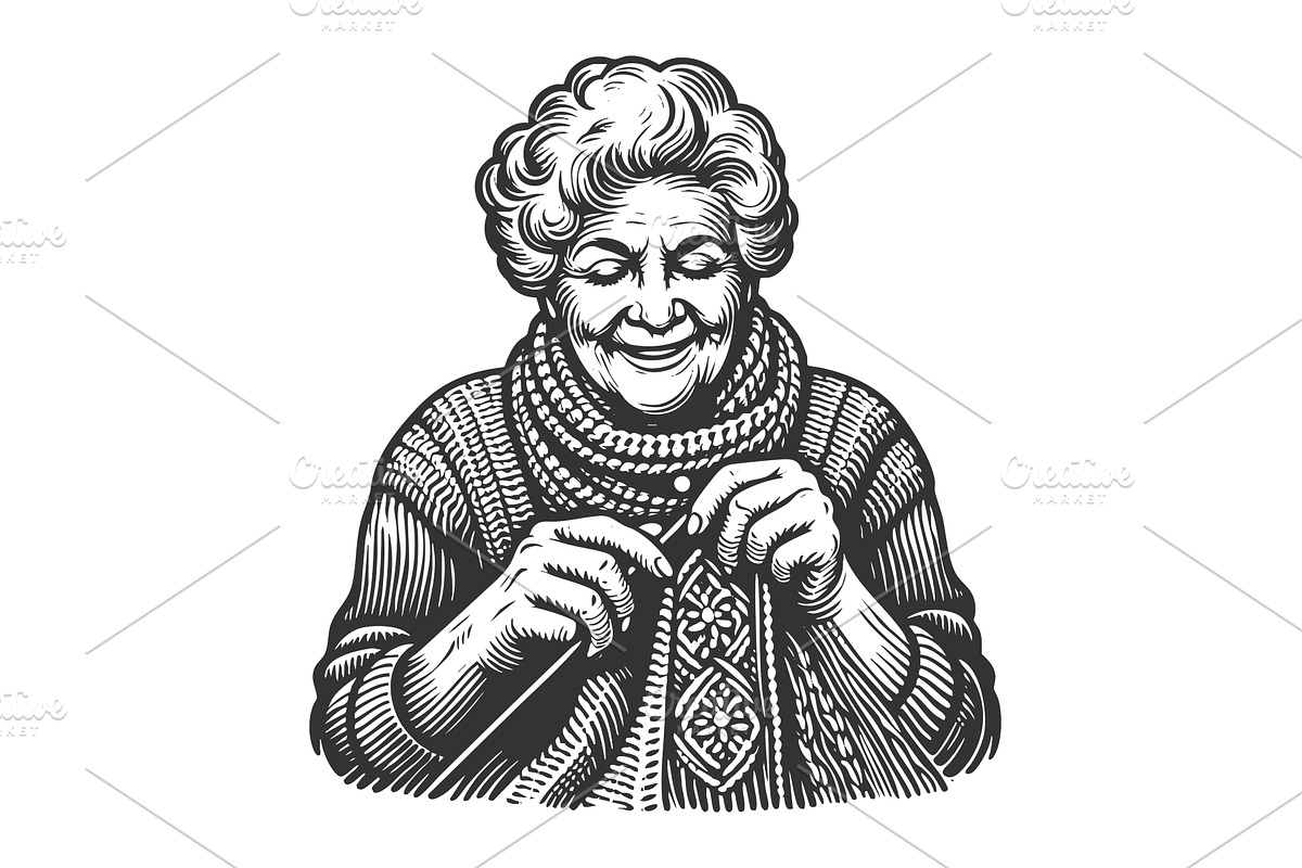 Smiling elderly woman knitting in, a Person Illustration by AlexArt