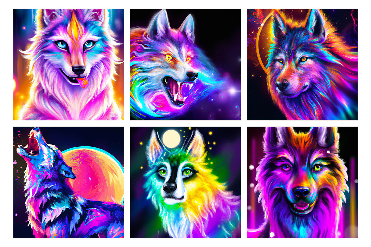 Rainbow Wolves Digital art Papers, an Illustration by Arely Arts