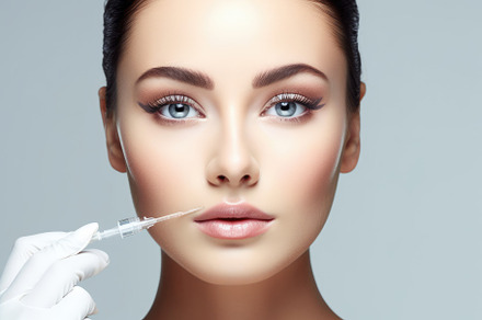 Face skincare, forehead injection and woman in studio isolated o, a Beauty & Fashion Photo by designvectx