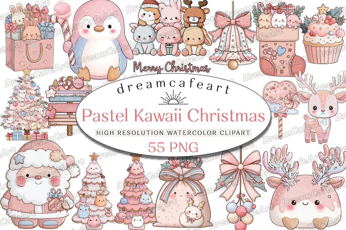 Pastel Kawaii Christmas Clipart, an Illustration by DreamCafeArt (Photo 1 of 8)