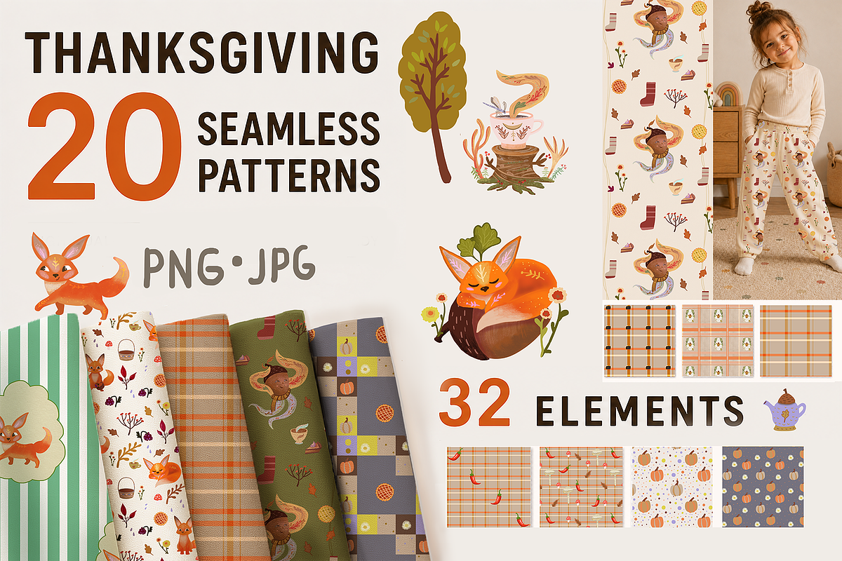 Thanksgiving Patterns & Elements, an Animal Illustration by FaliushViktoriaArtist (Photo 1 of 14)