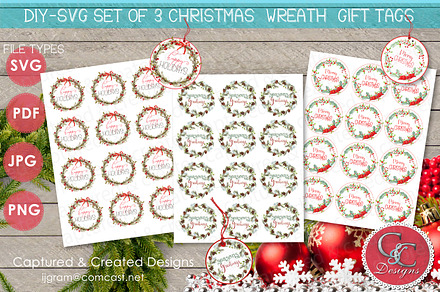 Set Of 3 Christmas Wreath Gift Tags