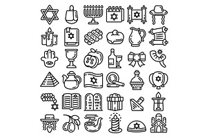 Hanukkah icon set, outline style, an Object Illustration by Ylivdesign