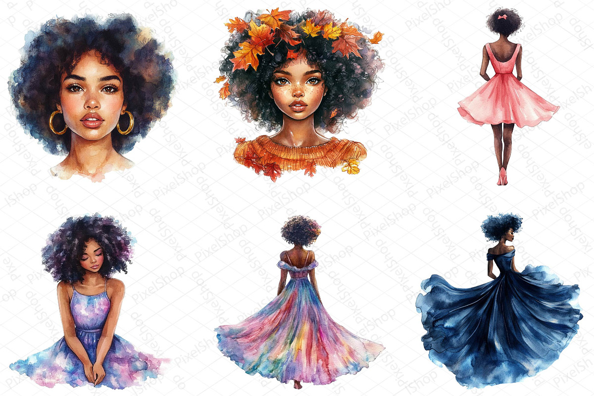 Watercolor Black Afro Girl Clipart, an Illustration by DreamPrint404 (Photo 2 of 7)