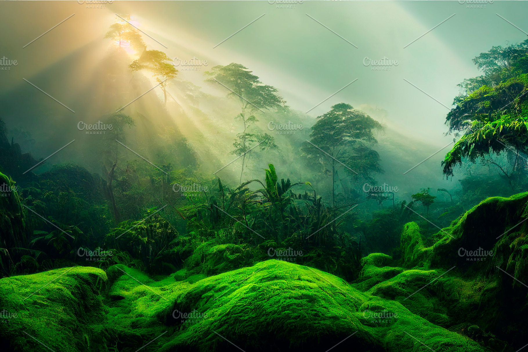 Misty jungle rainforest in the morning. Tropical forest with sun, a Nature Photo by hitdelight