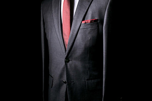 Elegant Black Suit with Red Tie