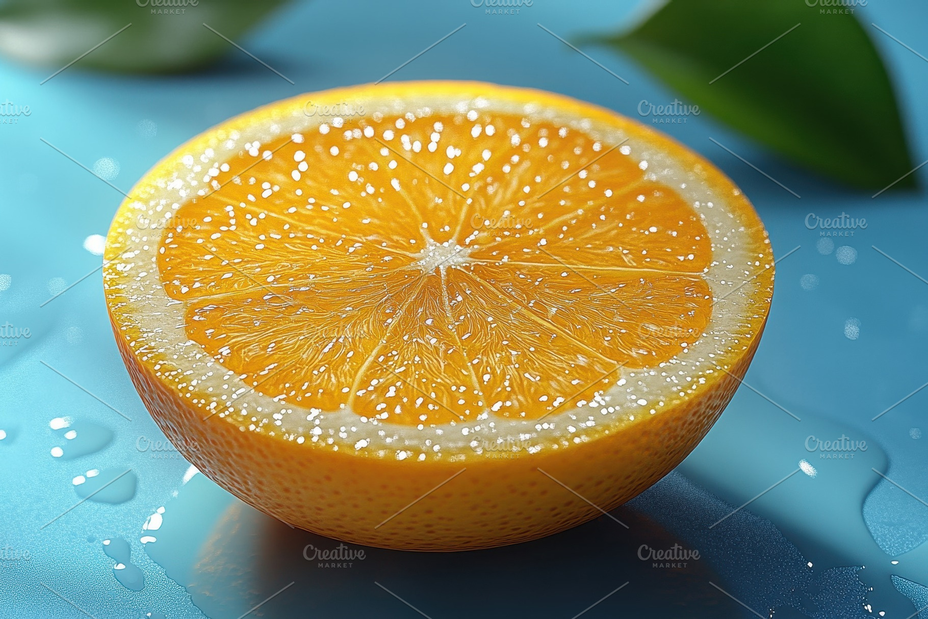 Freshly sliced orange resting on blu, a Photo by Tanuart
