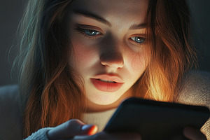 Young woman holding and using smartphone in dark room, a Person Photo by AlyaAnd