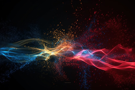 Glowing red and blue particles of light and matter colliding and, a Technology Photo by Studio Light & Shade