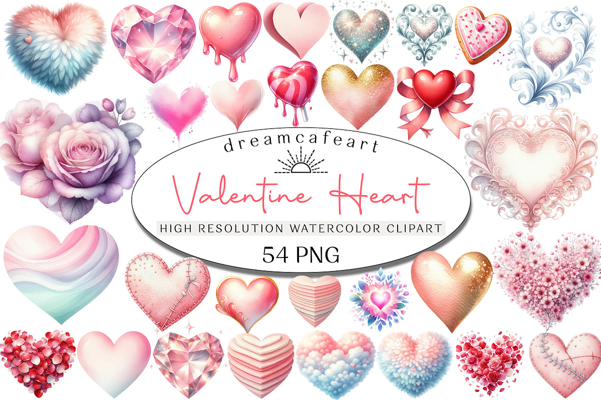 Watercolor Valentine Heart Clipart, an Illustration by DreamCafeArt (Photo 1 of 6)