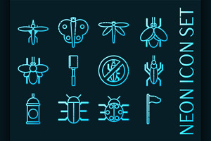 INSECTS Set Icons. Blue Glowing Neo