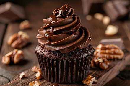Chocolate cupcake with whipped cream and walnut on wooden table, a Food & Drink Photo by AlyaAnd