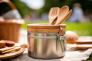 Stainless lunchboxes and bamboo utensils create a perfect picnic setup in a sun, a Food & Drink Photo by AlyaAnd