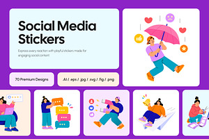 70 Social Media Flat Stickers, a Person Illustration by Creative Stall