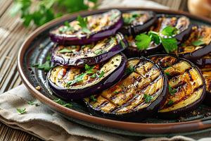 Grilled eggplants in plate on wooden table, a Food & Drink Photo by AlyaAnd