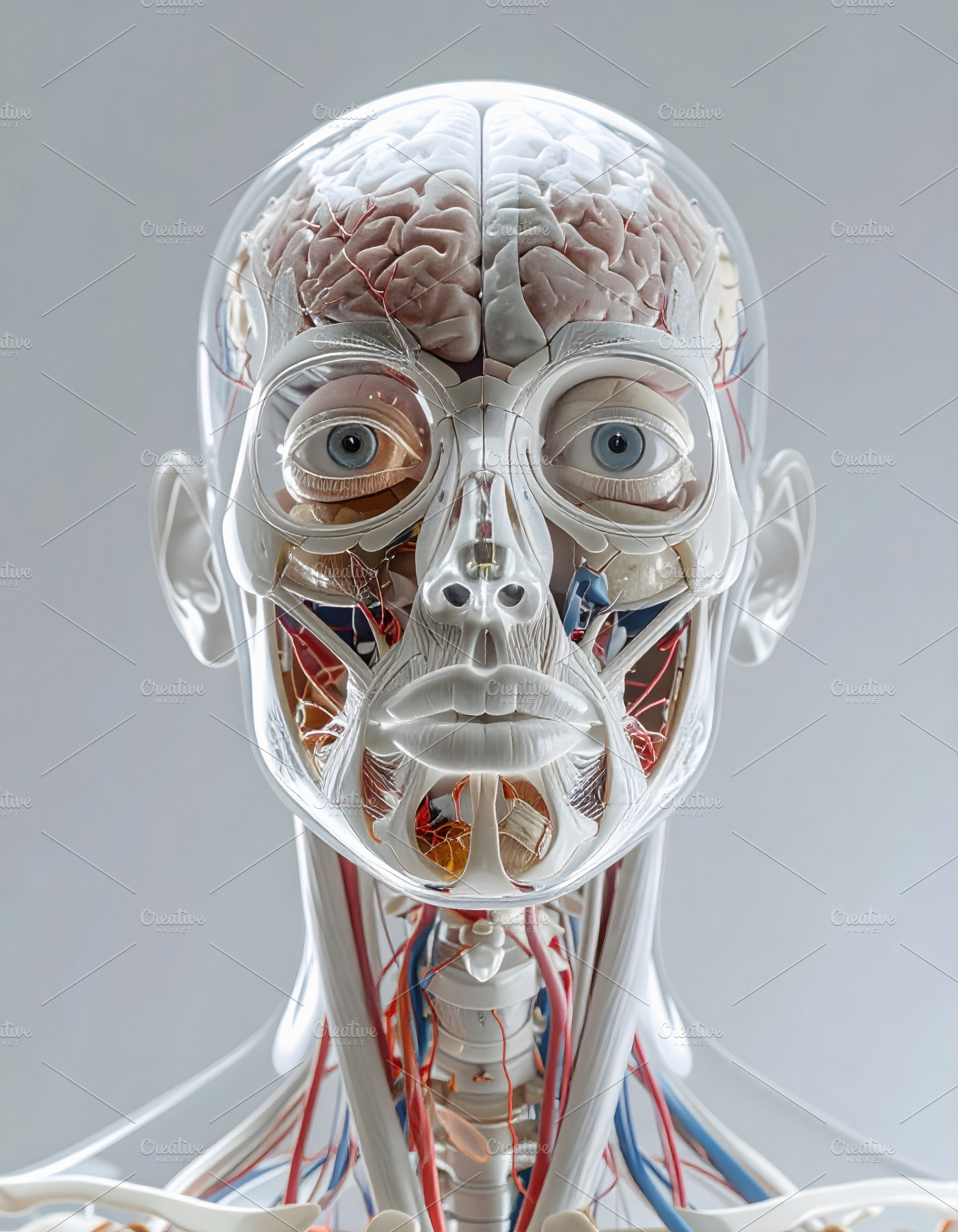 Human head anatomy transparent model revealing brain and nerves, a Health & Medical Photo by GoodGoods