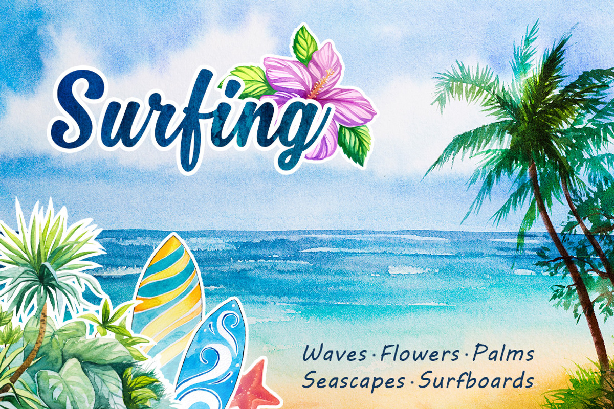Surfing. Watercolor set., an Illustration by AlexGreenArt (Photo 1 of 5)