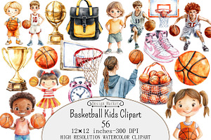 Watercolor Basketball Kids Clipart, a Seasonal Illustration by Design Market