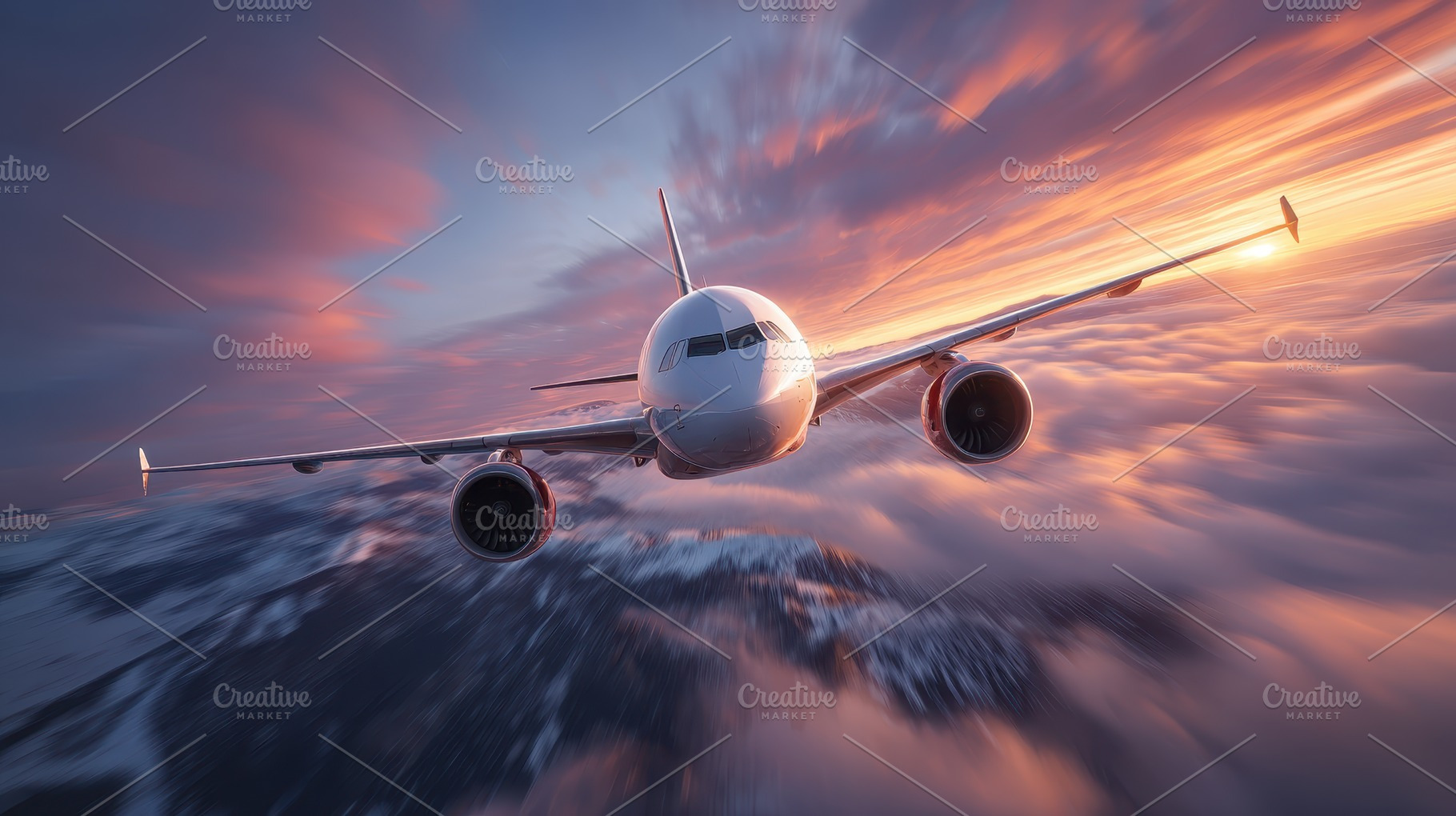 Airplane flying above clouds sunset, a Photo by Pixeness Studio