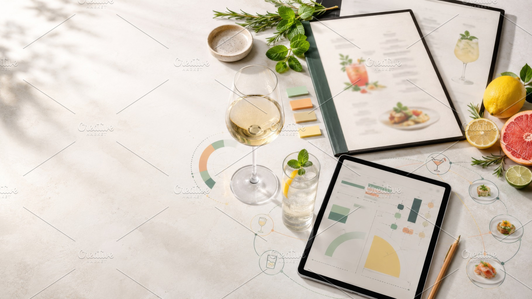 Wine and tablet with menu on sunny t, a Photo by Dvoevnore photos