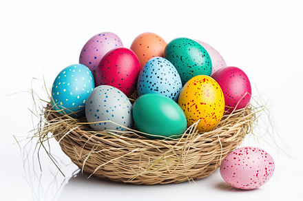 Basket with colorful easter eggs isolated on white background, a Holiday Photo by AlyaAnd