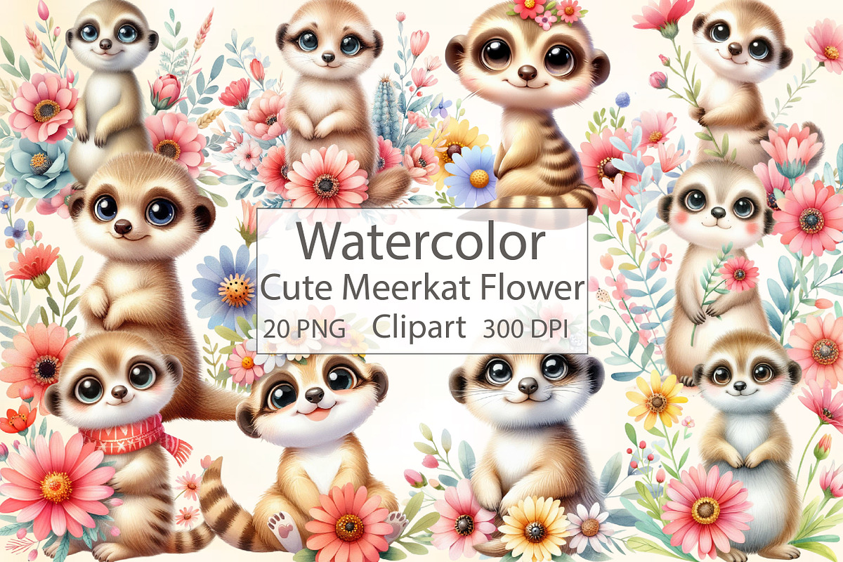 Watercolor Cute Meerkat Flower PNG, an Illustration by CraftArtStudio (Photo 1 of 3)