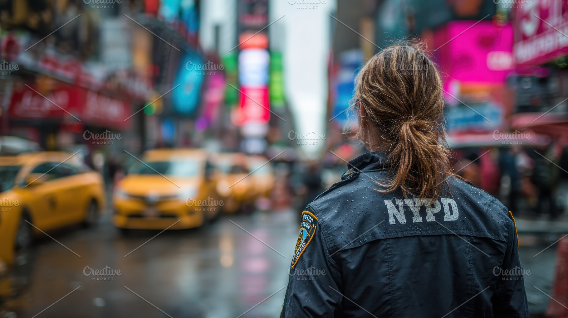 NYPD officer in Times Square rain, a Photo by Pixeness Studio