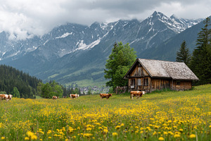 Cows graze in a field near a cabin, a Photo by Beautiful things
