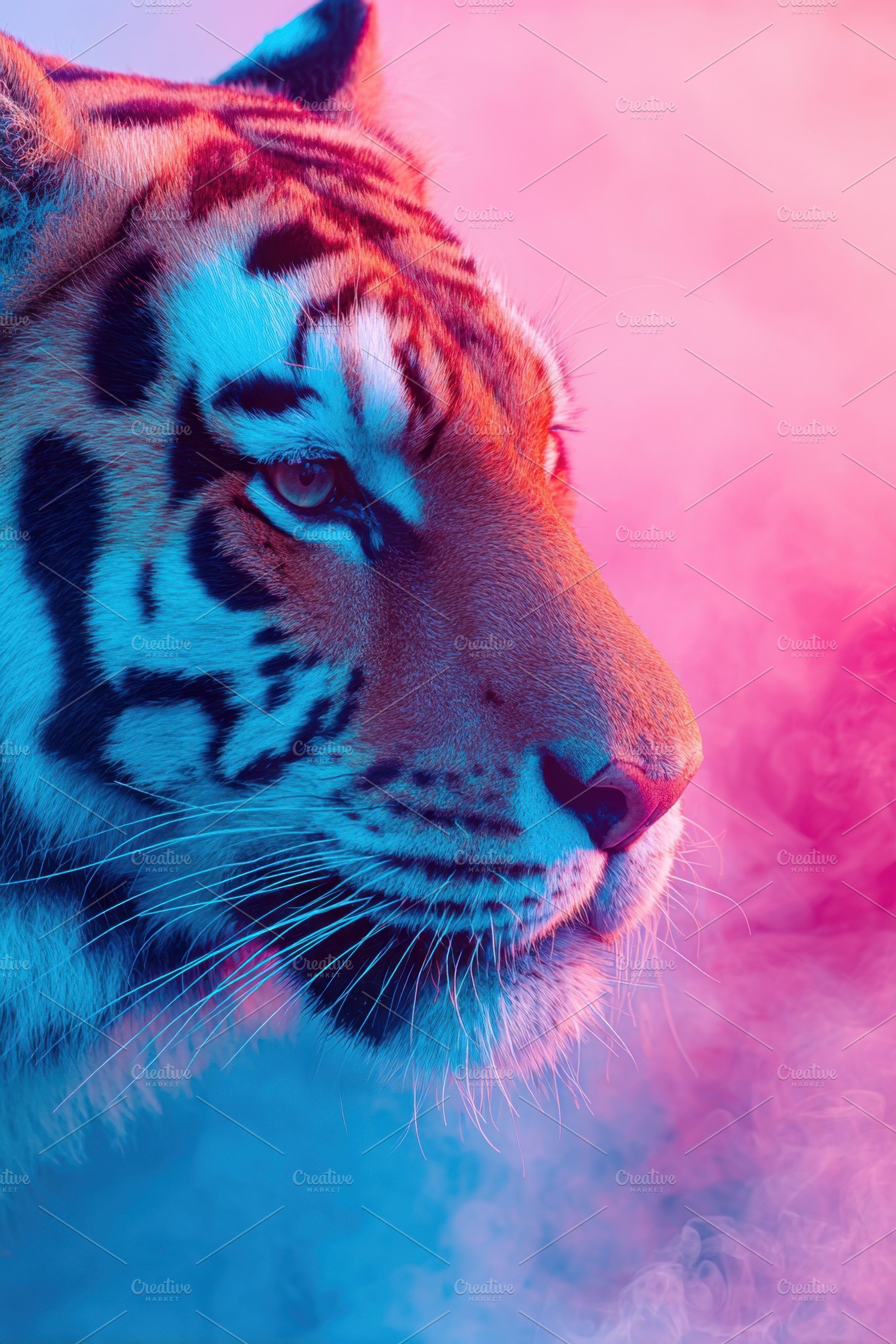 Vibrant close-up of a tiger's face with smoke effects, an Animal Photo by AlyaAnd