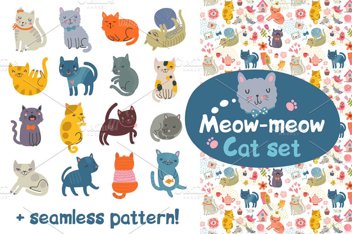 Cat set. Characters + Pattern, an Animal Illustration by Anna Guz's Store (Photo 1 of 3)