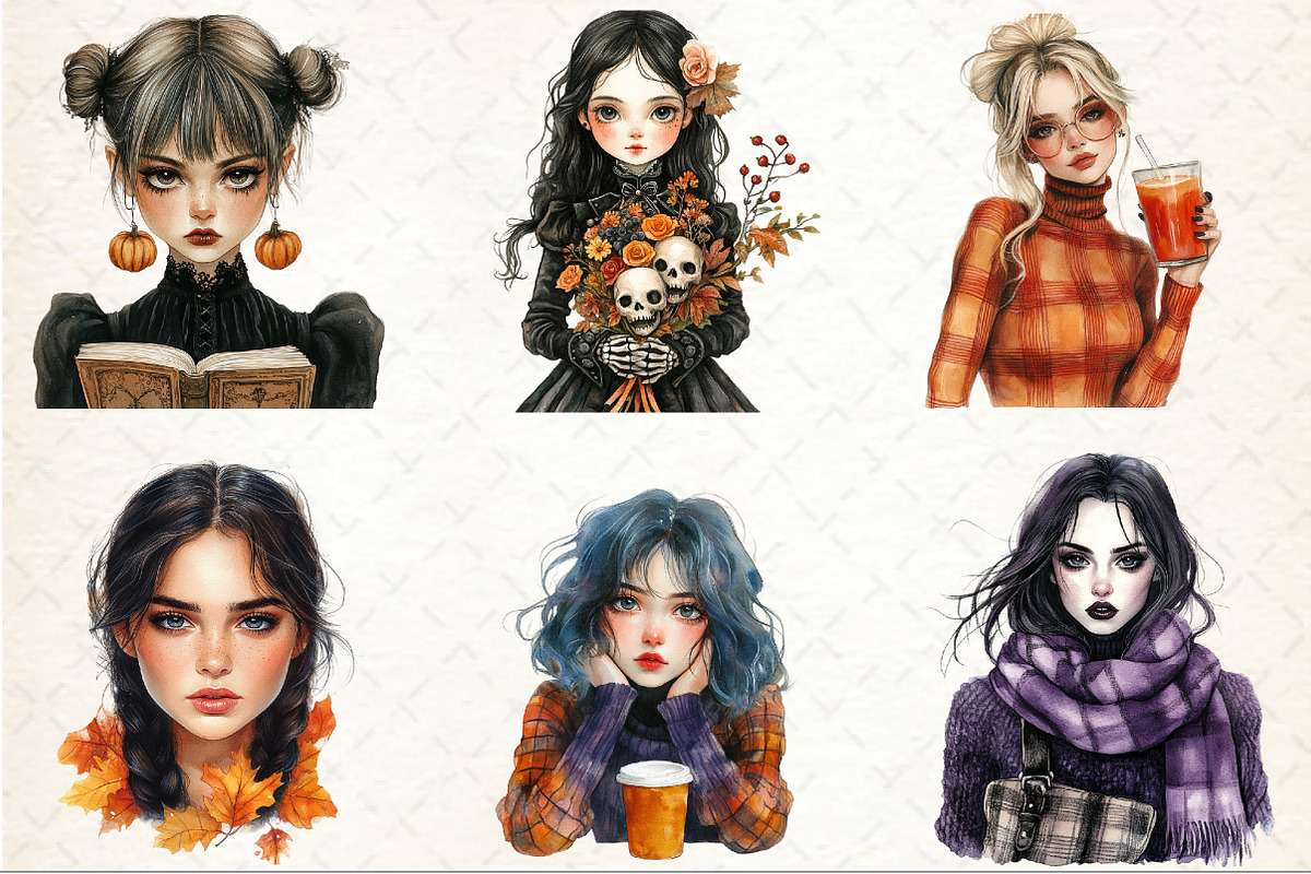 Cute Autumn Gothic Girl Clipart, an Illustration by Rose Art (Photo 3 of 7)