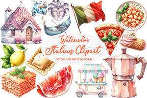 Watercolor Italian Clipart, an Illustration by Daily.Designs