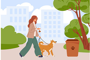 Woman walks her dog in city park and, an Animal Illustration by Vectorbuum