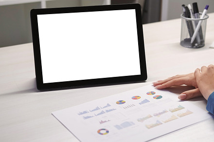 Online meeting video woman hands graphs tablet, a Technology Photo by Photo Drive Studio