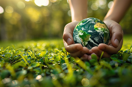 Human hand cradling a small globe ag, a Photo by LOGOCREATIVE