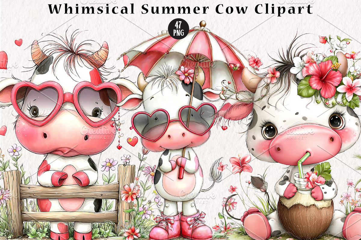 Whimsical Summer Cow Clipart, a Seasonal Illustration by CreationArt (Photo 1 of 5)