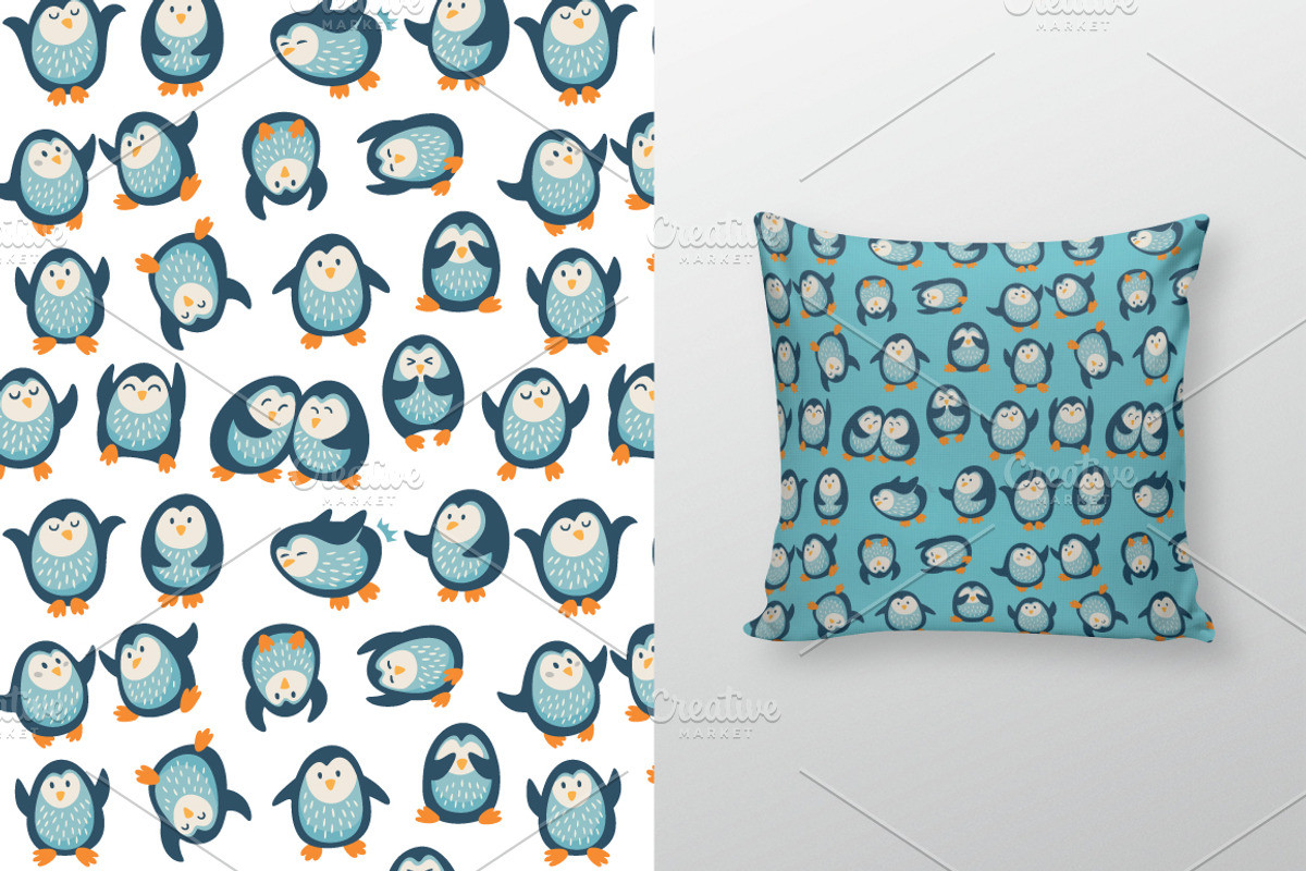 Cartoon patterns with funny penguins preview 3